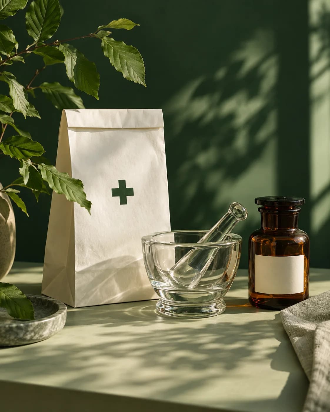 Illustratives Apotheken-Stillleben mit Papiertüte, Glasmörser und Blättern